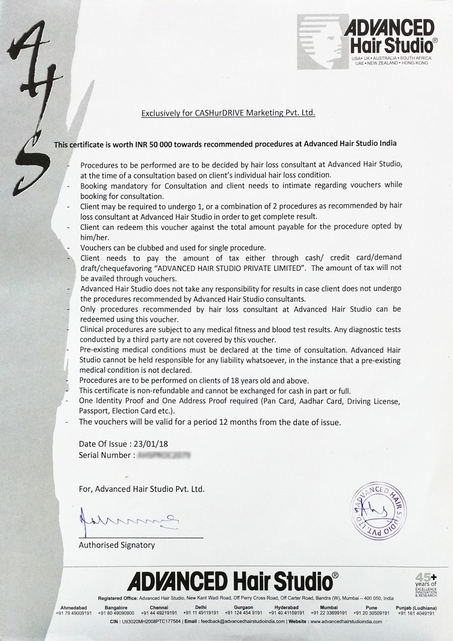 Advanced Hair Studio Voucher on 75% Trs. Say Good-Bye to your Baldness